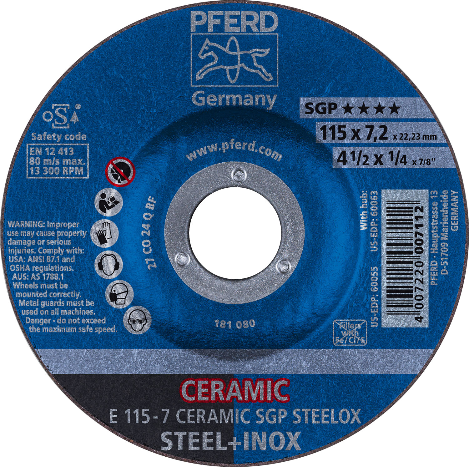 4-1/2" x 1/4 Grinding Wheel, 7/8" A.H. CERAMIC SGP STEELOX - Type 27